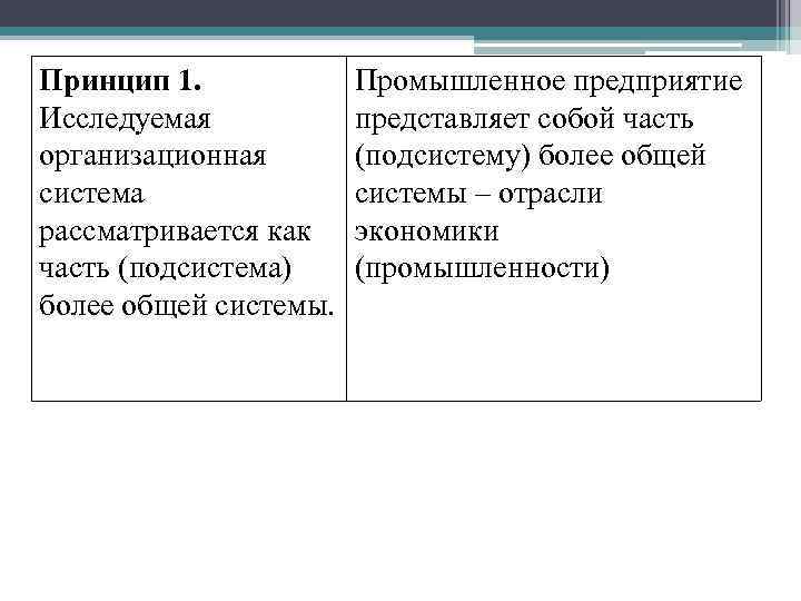 Принцип 1. Исследуемая организационная система рассматривается как часть (подсистема) более общей системы. Промышленное предприятие