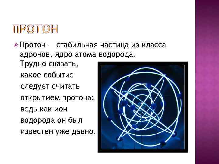  Протон — стабильная частица из класса адронов, ядро атома водорода. Трудно сказать, какое