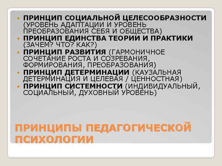  ПРИНЦИП СОЦИАЛЬНОЙ ЦЕЛЕСООБРАЗНОСТИ (УРОВЕНЬ АДАПТАЦИИ И УРОВЕНЬ ПРЕОБРАЗОВАНИЯ СЕБЯ И ОБЩЕСТВА) ПРИНЦИП ЕДИНСТВА