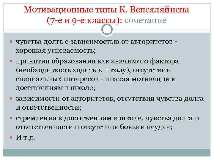 Мотивационные типы К. Вепсяляйнена (7 е и 9 е классы): сочетание чувства долга с