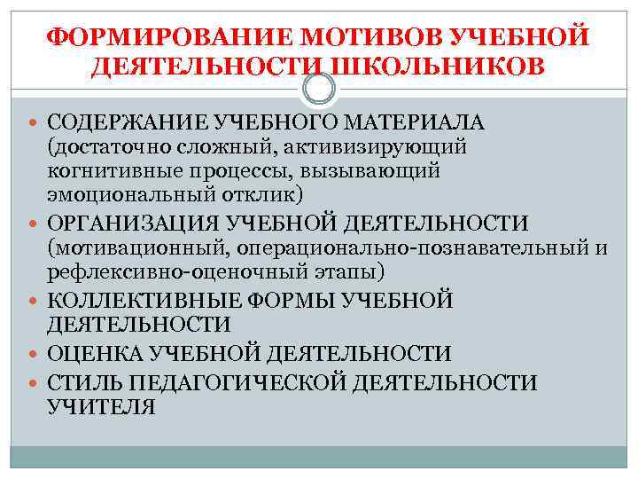 ФОРМИРОВАНИЕ МОТИВОВ УЧЕБНОЙ ДЕЯТЕЛЬНОСТИ ШКОЛЬНИКОВ СОДЕРЖАНИЕ УЧЕБНОГО МАТЕРИАЛА (достаточно сложный, активизирующий когнитивные процессы, вызывающий