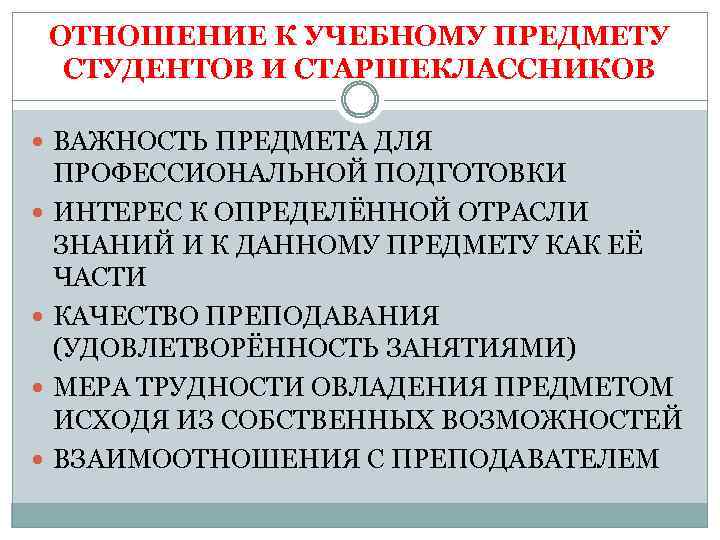 ОТНОШЕНИЕ К УЧЕБНОМУ ПРЕДМЕТУ СТУДЕНТОВ И СТАРШЕКЛАССНИКОВ ВАЖНОСТЬ ПРЕДМЕТА ДЛЯ ПРОФЕССИОНАЛЬНОЙ ПОДГОТОВКИ ИНТЕРЕС К