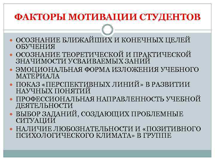 ФАКТОРЫ МОТИВАЦИИ СТУДЕНТОВ ОСОЗНАНИЕ БЛИЖАЙШИХ И КОНЕЧНЫХ ЦЕЛЕЙ ОБУЧЕНИЯ ОСОЗНАНИЕ ТЕОРЕТИЧЕСКОЙ И ПРАКТИЧЕСКОЙ ЗНАЧИМОСТИ