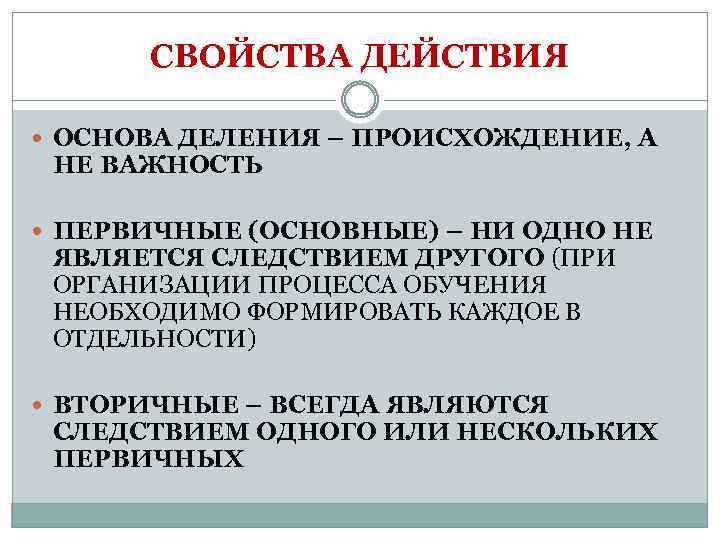 СВОЙСТВА ДЕЙСТВИЯ ОСНОВА ДЕЛЕНИЯ – ПРОИСХОЖДЕНИЕ, А НЕ ВАЖНОСТЬ ПЕРВИЧНЫЕ (ОСНОВНЫЕ) – НИ ОДНО