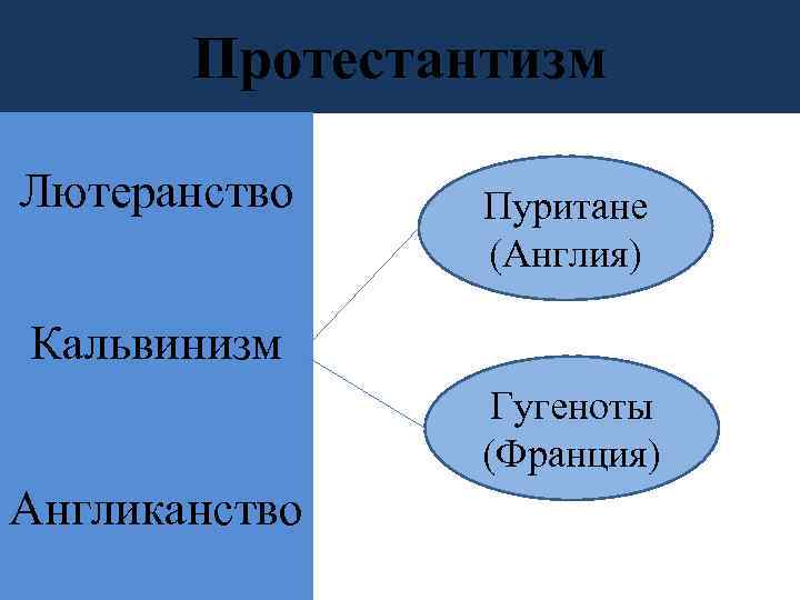 Протестантизм Лютеранство Пуритане (Англия) Кальвинизм Гугеноты (Франция) Англиканство 