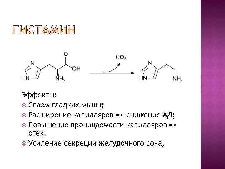 Эффекты: Спазм гладких мышц; Расширение капилляров => снижение АД; Повышение проницаемости капилляров => отек.