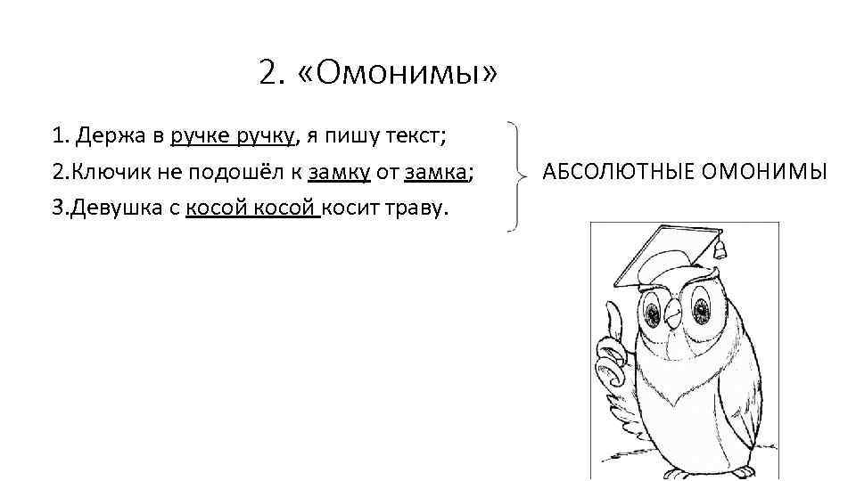 2. «Омонимы» 1. Держа в ручке ручку, я пишу текст; 2. Ключик не подошёл