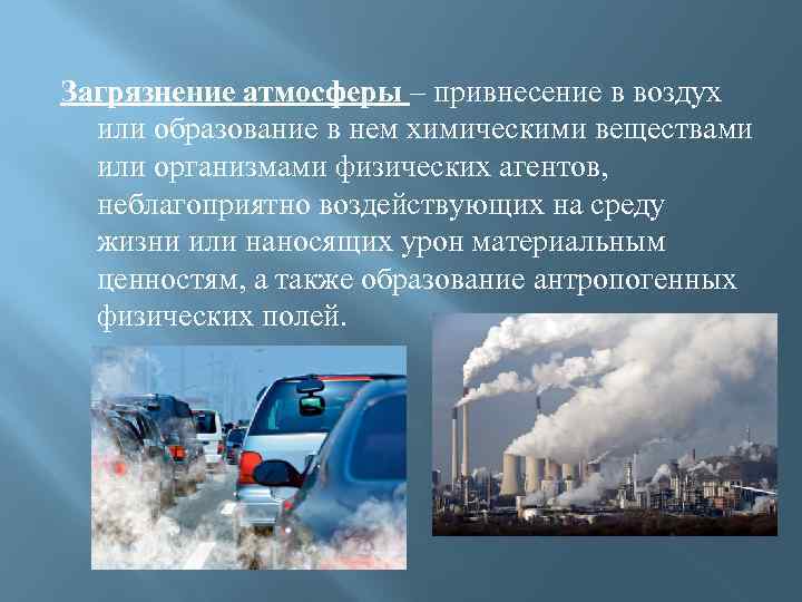 Загрязнение атмосферы – привнесение в воздух или образование в нем химическими веществами или организмами