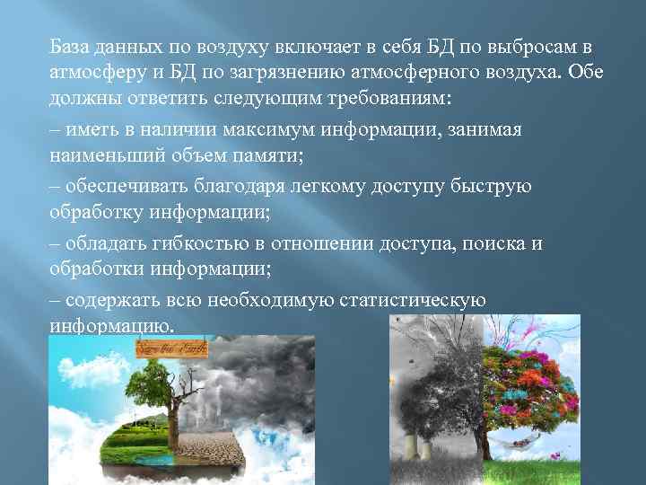 База данных по воздуху включает в себя БД по выбросам в атмосферу и БД