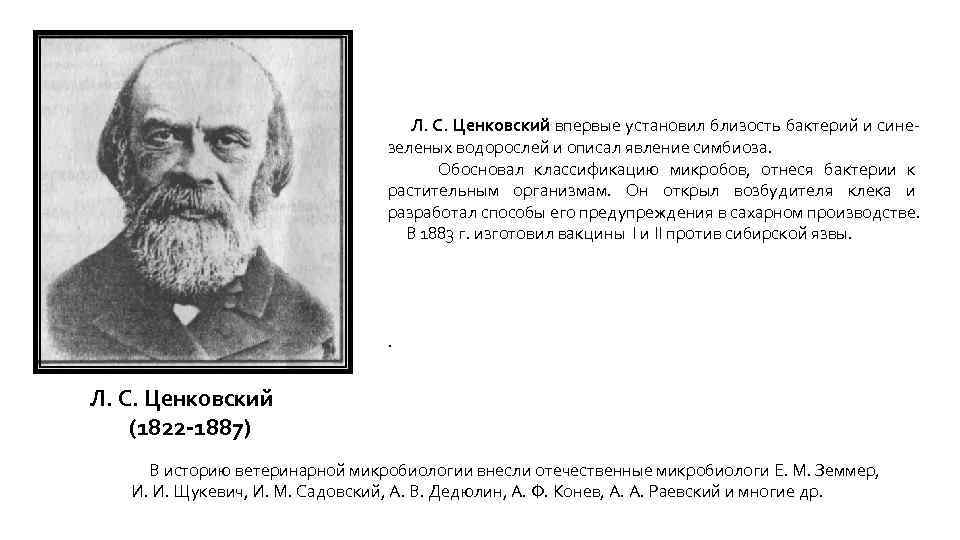 Л. С. Ценковский впервые установил близость бактерий и синезеленых водорослей и описал явление симбиоза.