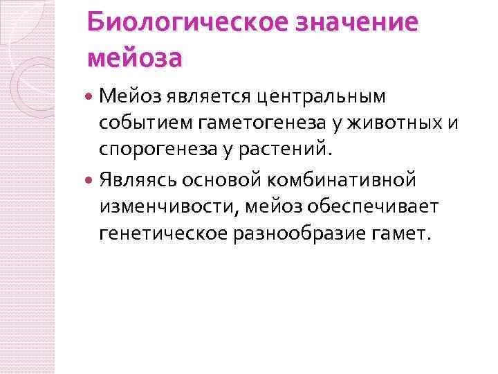 Биологическое значение мейоза Мейоз является центральным событием гаметогенеза у животных и спорогенеза у растений.