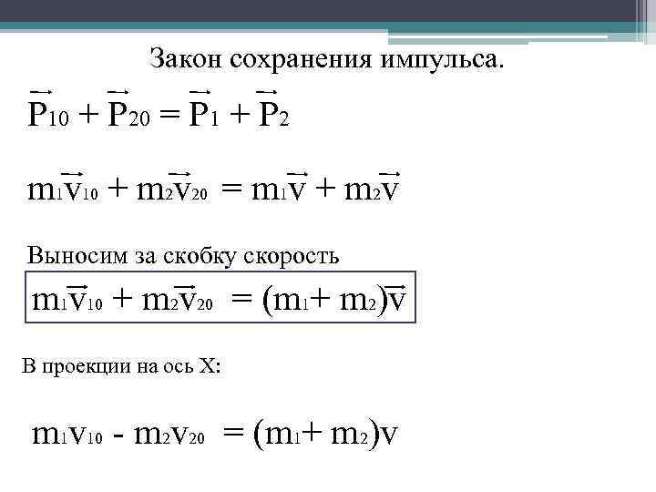 Закон сохранения импульса. Р 10 + Р 20 = Р 1 + Р 2