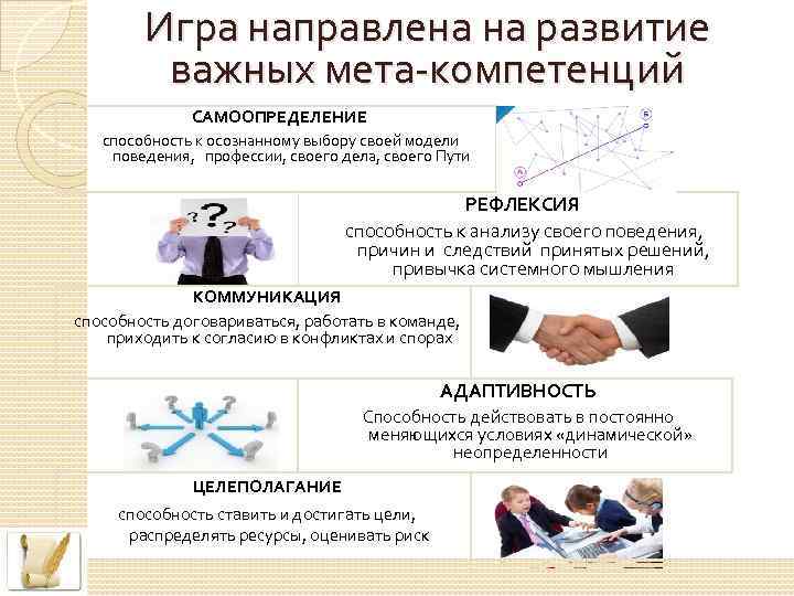 Игра направлена на развитие важных мета-компетенций САМООПРЕДЕЛЕНИЕ способность к осознанному выбору своей модели поведения,