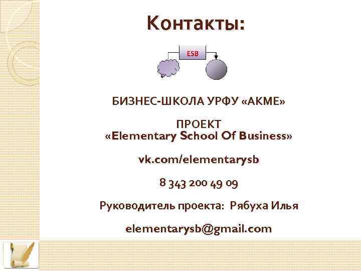 Контакты: БИЗНЕС-ШКОЛА УРФУ «АКМЕ» ПРОЕКТ «Elementary School Of Business» vk. com/elementarysb 8 343 200