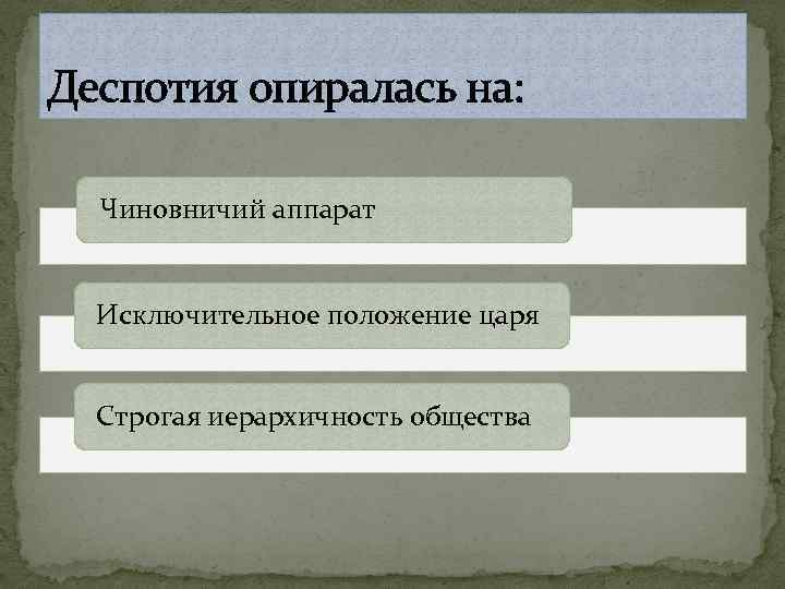 Деспотия опиралась на: Чиновничий аппарат Исключительное положение царя Строгая иерархичность общества 