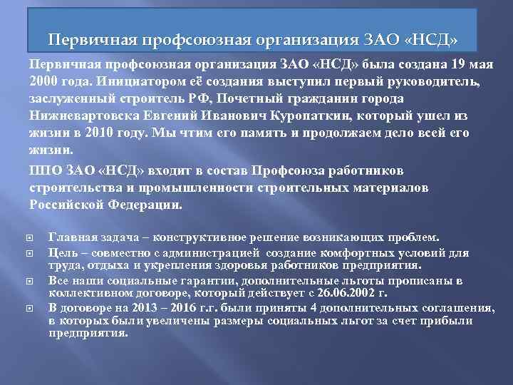 Первичная профсоюзная организация ЗАО «НСД» была создана 19 мая 2000 года. Инициатором её создания