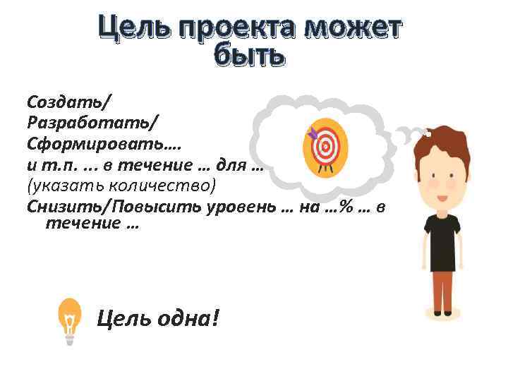 Цель проекта может быть Создать/ Разработать/ Сформировать…. и т. п. . в течение …