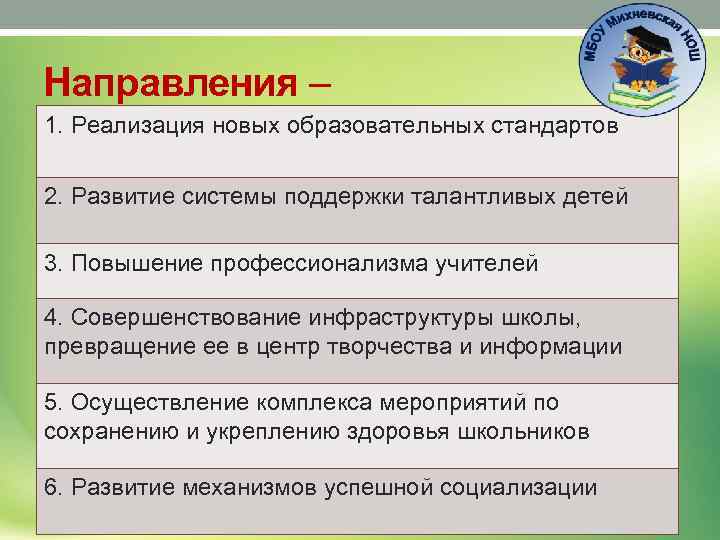 Направления – 1. Реализация новых образовательных стандартов 2. Развитие системы поддержки талантливых детей 3.