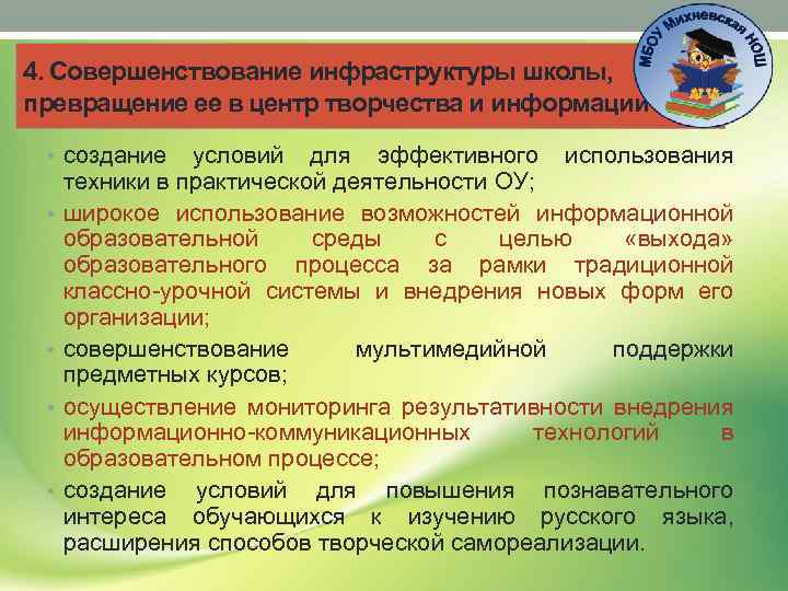 4. Совершенствование инфраструктуры школы, превращение ее в центр творчества и информации • создание •