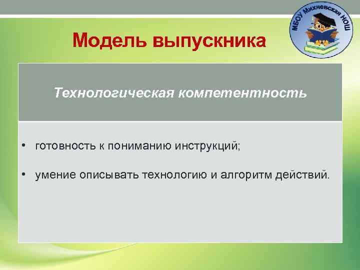 Модель выпускника Технологическая компетентность • готовность к пониманию инструкций; • умение описывать технологию и