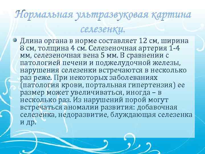 Длина органа в норме составляет 12 см, ширина 8 см, толщина 4 см. Селезеночная