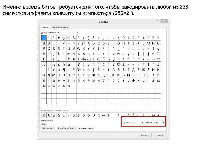 Именно восемь битов требуется для того, чтобы закодировать любой из 256 символов алфавита клавиатуры