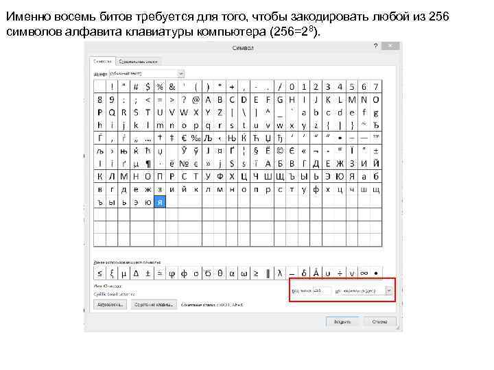 Именно восемь битов требуется для того, чтобы закодировать любой из 256 символов алфавита клавиатуры