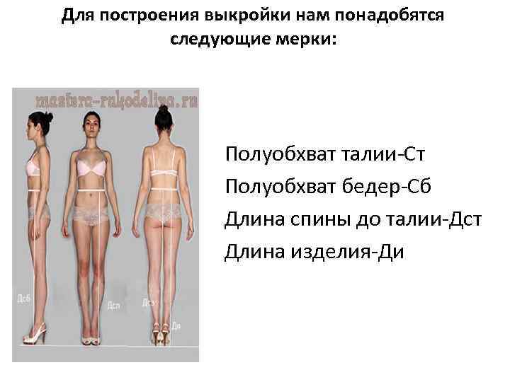 Для построения выкройки нам понадобятся следующие мерки: Полуобхват талии-Ст Полуобхват бедер-Сб Длина спины до