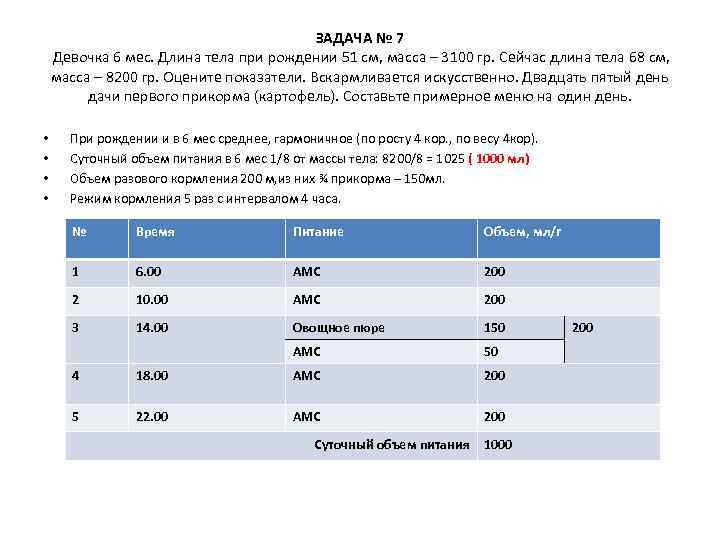 ЗАДАЧА № 7 Девочка 6 мес. Длина тела при рождении 51 см, масса –