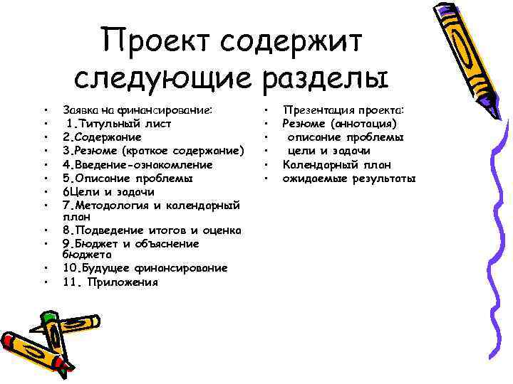 Проект содержит следующие разделы • • • Заявка на финансирование: 1. Титульный лист 2.