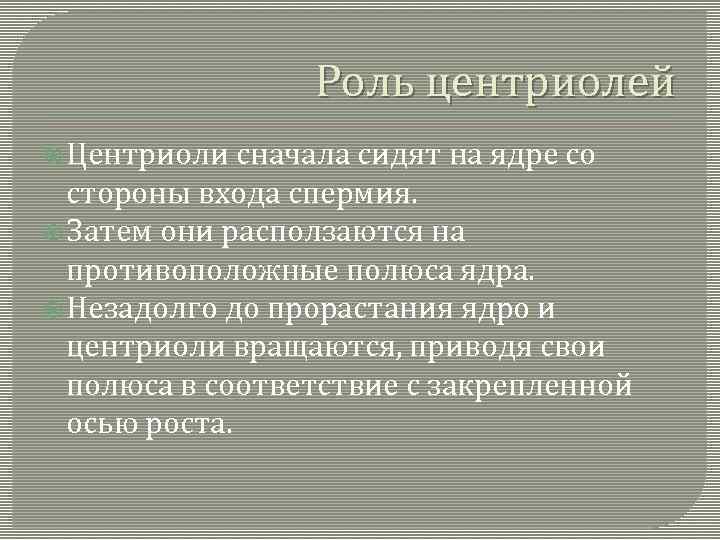 Роль центриолей Центриоли сначала сидят на ядре со стороны входа спермия. Затем они расползаются