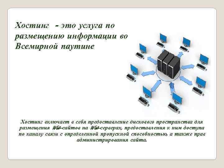 Хостинг = это услуга по размещению информации во Всемирной паутине Хостинг включает в себя