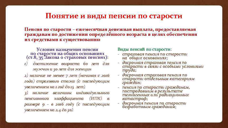 Понятие и виды пенсии по старости Пенсия по старости – ежемесячная денежная выплата, предоставляемая