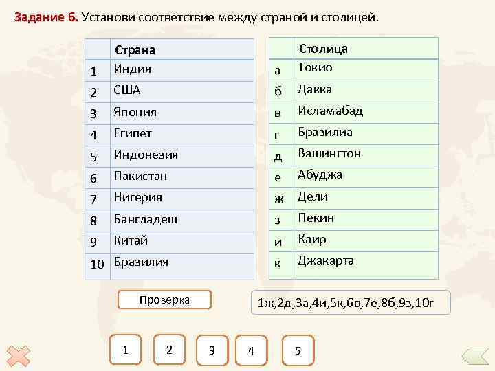 Задание 6. Установи соответствие между страной и столицей. 1 Страна Индия а Столица Токио