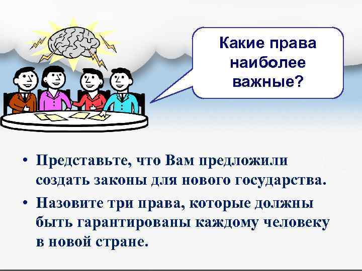 Какие права наиболее важные? • Представьте, что Вам предложили создать законы для нового государства.