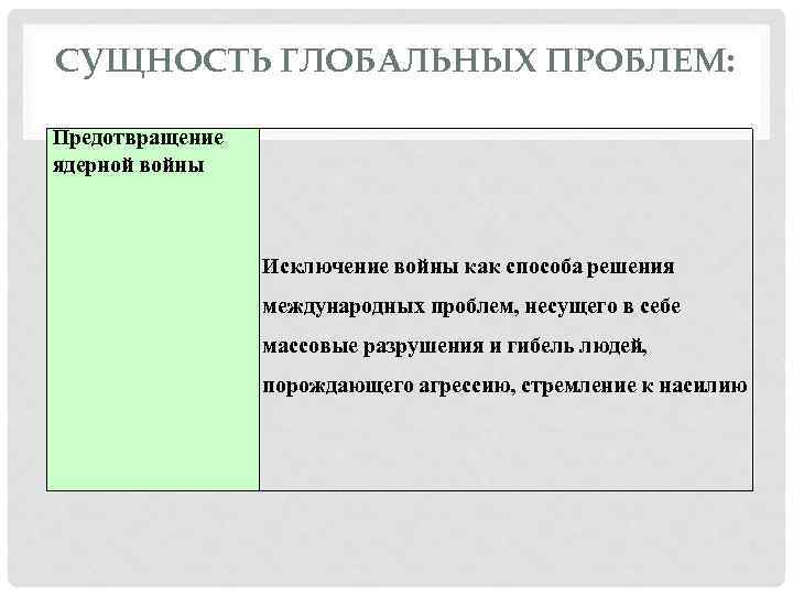СУЩНОСТЬ ГЛОБАЛЬНЫХ ПРОБЛЕМ: Предотвращение ядерной войны Исключение войны как способа решения международных проблем, несущего