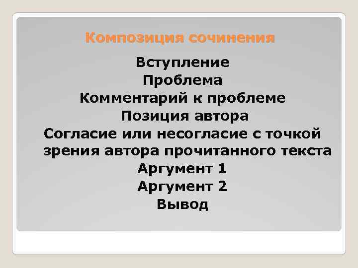 Композиция сочинения Вступление Проблема Комментарий к проблеме Позиция автора Согласие или несогласие с точкой