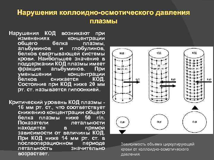 Нарушения коллоидно-осмотического давления плазмы Нарушения КОД возникают при изменениях концентрации общего белка плазмы, альбуминов