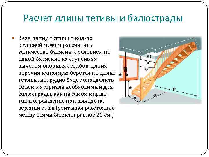 Расчет длины тетивы и балюстрады Зная длину тетивы и кол-во ступеней можем рассчитать количество