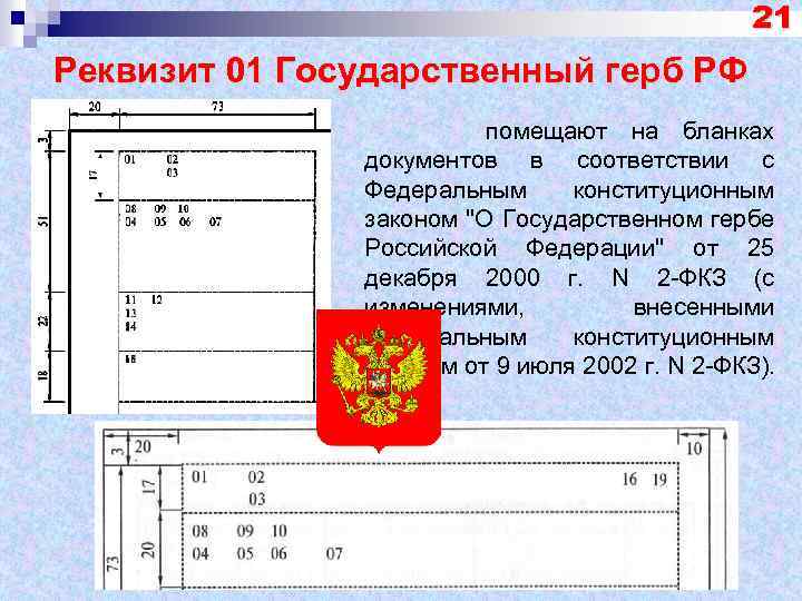 21 Реквизит 01 Государственный герб РФ помещают на бланках документов в соответствии с Федеральным