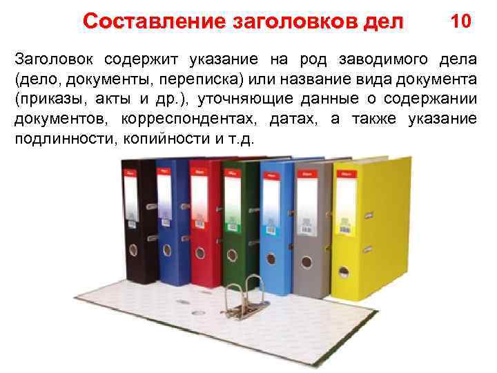 Составление заголовков дел 10 Заголовок содержит указание на род заводимого дела (дело, документы, переписка)