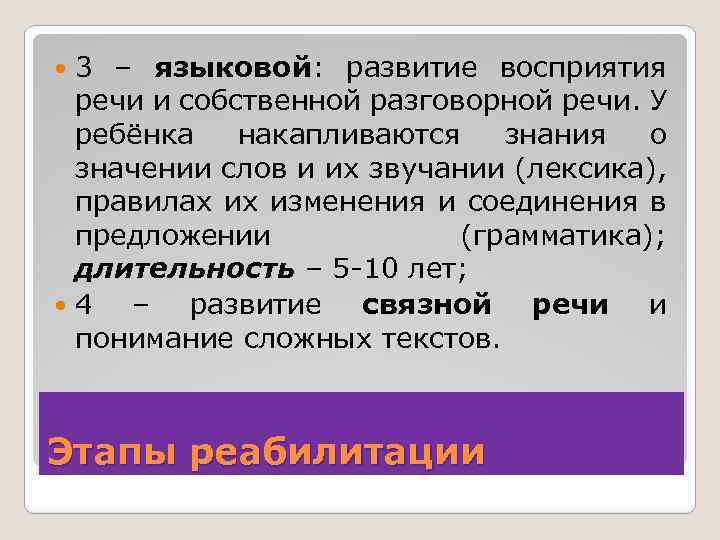 3 – языковой: развитие восприятия речи и собственной разговорной речи. У ребёнка накапливаются знания