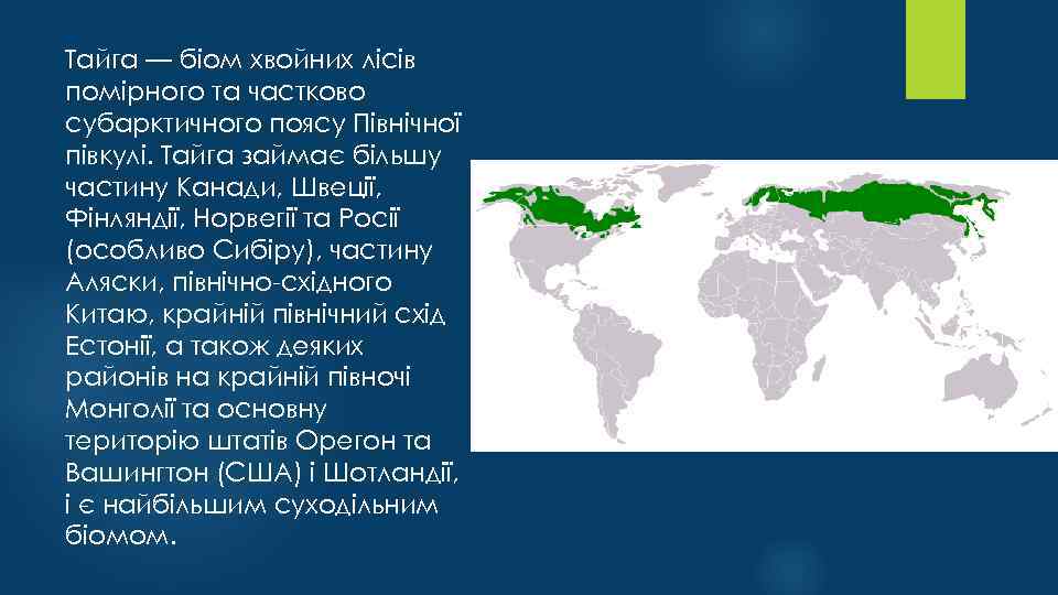 Тайга — біом хвойних лісів помірного та частково субарктичного поясу Північної півкулі. Тайга займає