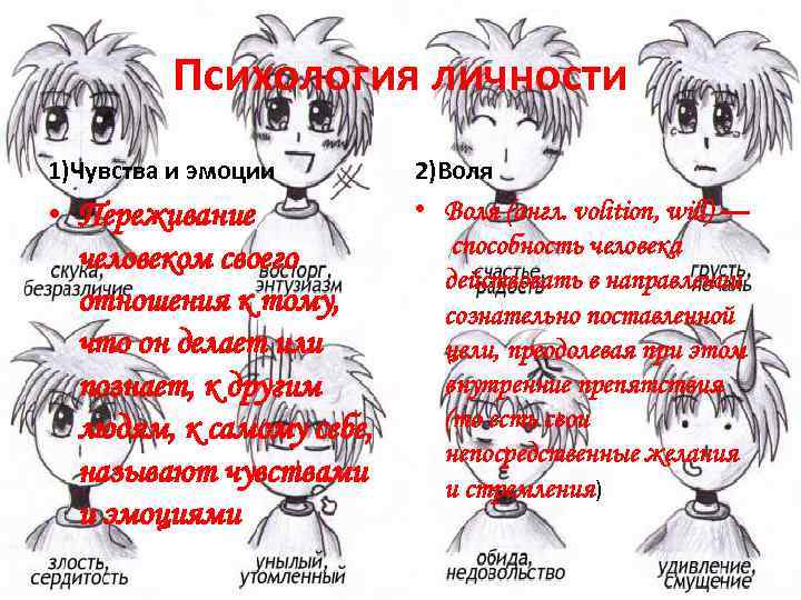 Психология личности 1)Чувства и эмоции 2)Воля • Переживание человеком своего отношения к тому, что