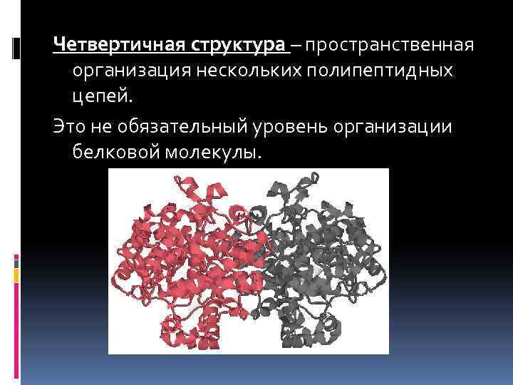 Четвертичная структура – пространственная организация нескольких полипептидных цепей. Это не обязательный уровень организации белковой