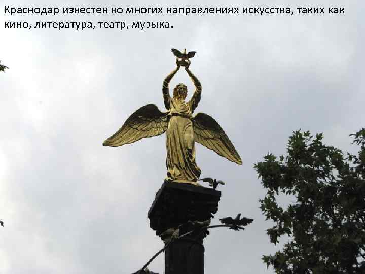 Краснодар известен во многих направлениях искусства, таких как кино, литература, театр, музыка. 