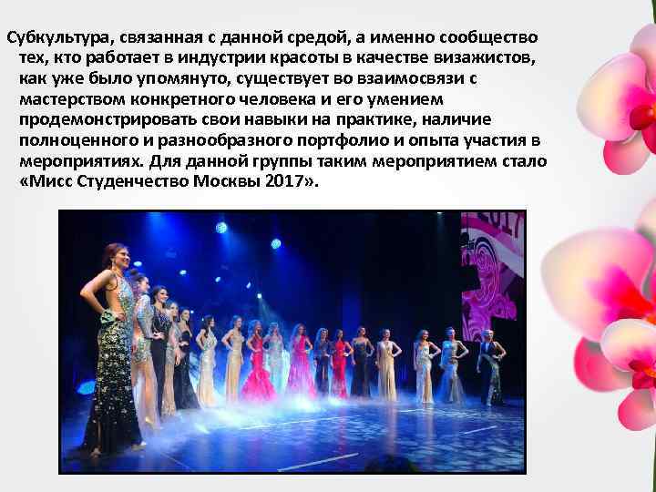 Субкультура, связанная с данной средой, а именно сообщество тех, кто работает в индустрии красоты