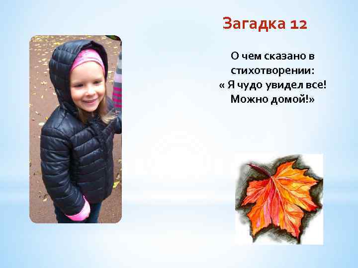 Загадка 12 О чем сказано в стихотворении: « Я чудо увидел все! Можно домой!»