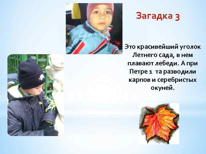 Загадка 3 Это красивейший уголок Летнего сада, в нем плавают лебеди. А при Петре