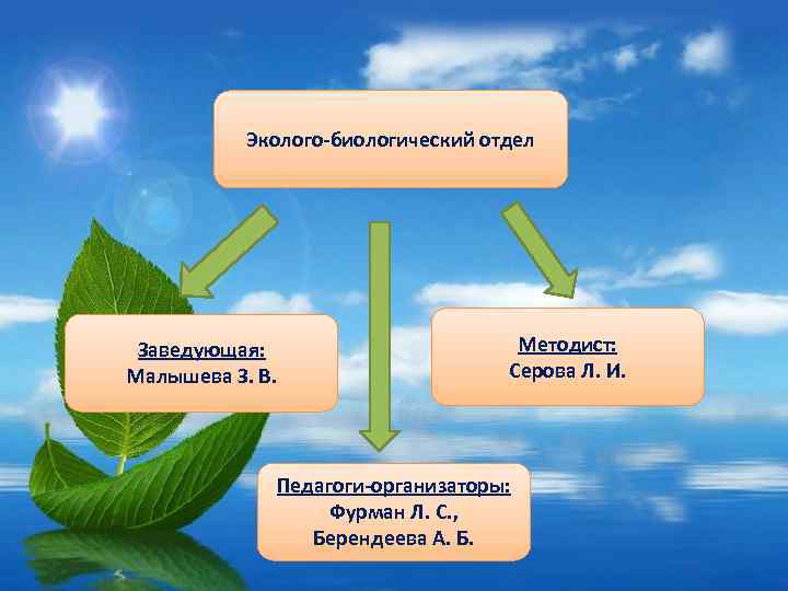 Эколого-биологический отдел Заведующая: Малышева З. В. Методист: Серова Л. И. Педагоги-организаторы: Фурман Л. С.